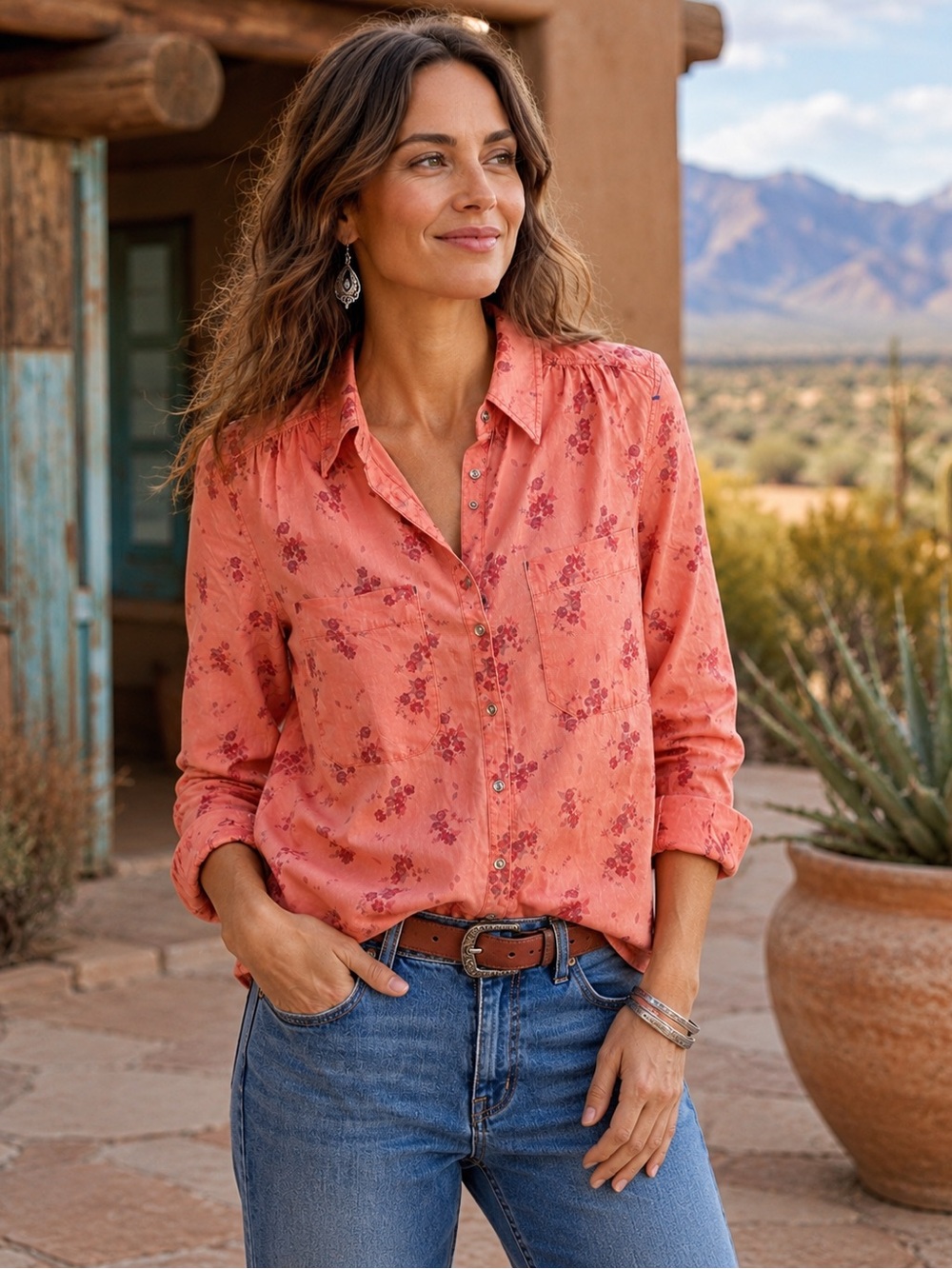 Sundance Coral Floral Button-Up Shirt -size XL NWOT